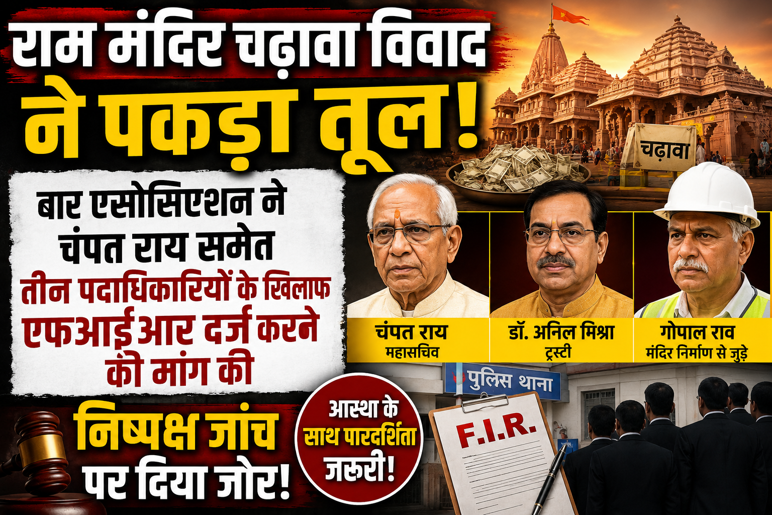राम मंदिर चढ़ावा विवाद ने पकड़ा तूल: बार एसोसिएशन ने चंपत राय समेत तीन पदाधिकारियों के खिलाफ एफआईआर दर्ज करने की मांग की, निष्पक्ष जांच पर दिया जोर
